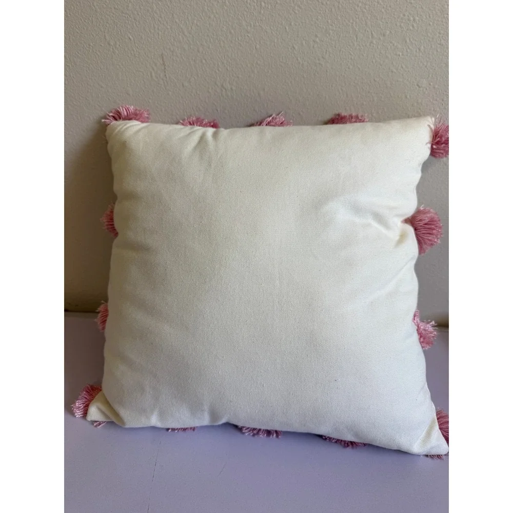 Boho Throw Pillow Pink Tassels Pom Pom‎ Accent Decorative Cushion